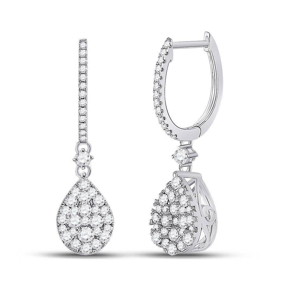 14K White Gold Womens Round Diamond Hoop Teardrop Dangle Earrings 1 Cttw