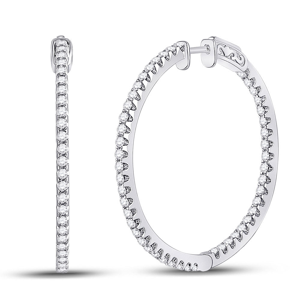 14K White Gold Womens Round Diamond Slender Single Row Hoop Earrings 1-1/2 Cttw, Length: 1.44 In