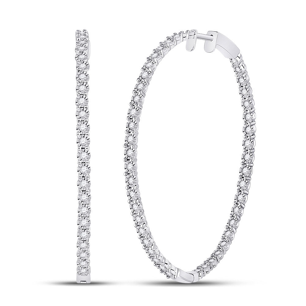 14K White Gold Womens Round Diamond Inside-Outside Hoop Earrings 1-1/4 Cttw, Length: 1.88 In
