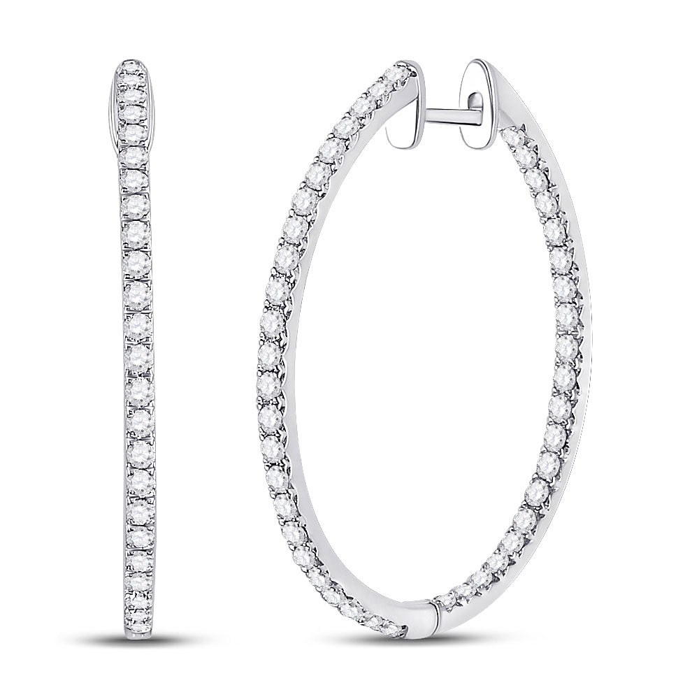 14K White Gold Womens Round Diamond Slender Single Row Hoop Earrings 1-1/2 Cttw, Length: 1.16 In