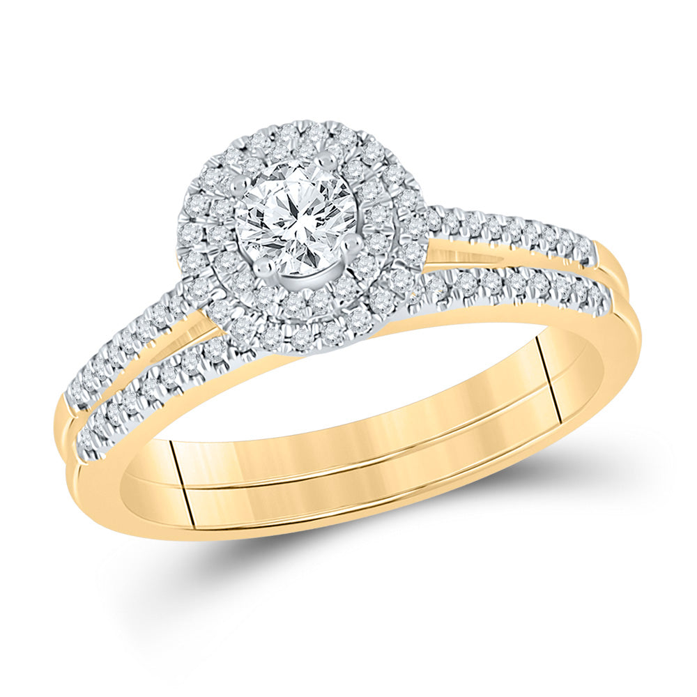14K White Or Yellow Gold Round Diamond Halo Bridal Wedding Ring Band Set , Womens Size: 5-10