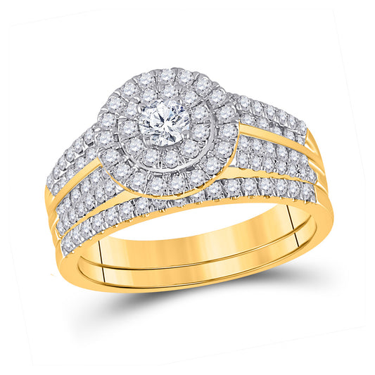 10K Yellow Gold Round Diamond Halo Bridal Wedding Ring Band Set 1 Cttw, Womens Size: 5-10