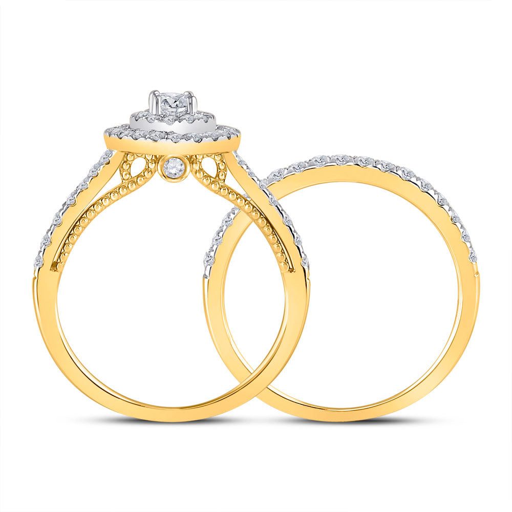10K Yellow Gold Round Diamond Halo Bridal Wedding Ring Band Set 1 Cttw, Womens Size: 5-10