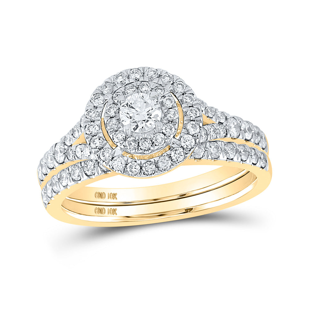 10K Yellow Gold Round Diamond Halo Bridal Wedding Ring Band Set 1 Cttw, Womens Size: 5-10