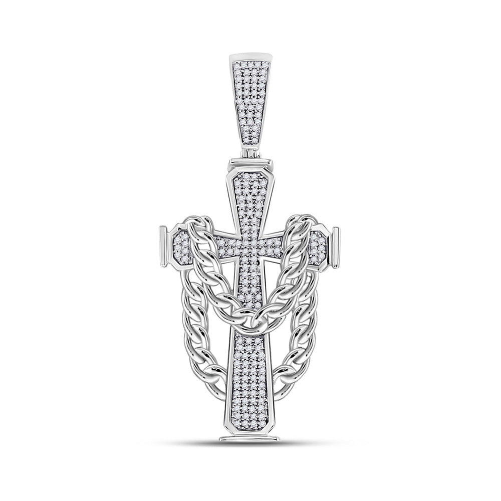 10K White Gold Mens Round Diamond Cross Charm Pendant 3/8 Cttw, Length: 2 In, Width: 0.85 In
