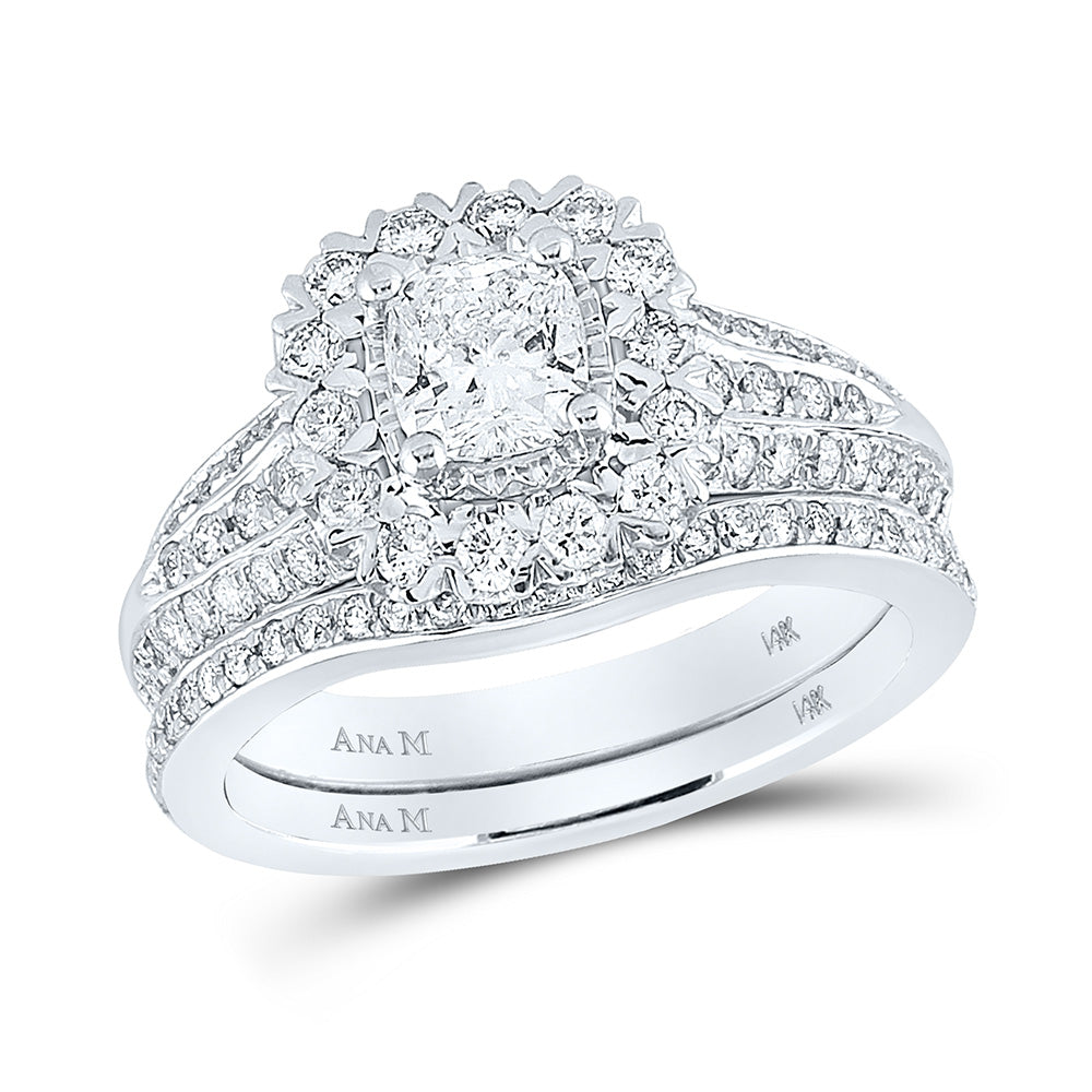 14K White Gold Cushion Diamond Bridal Wedding Ring Band Set 1-1/2 Cttw, Womens Size: 5-10