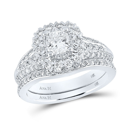 14K White Gold Cushion Diamond Bridal Wedding Ring Band Set 1-1/2 Cttw, Womens Size: 5-10