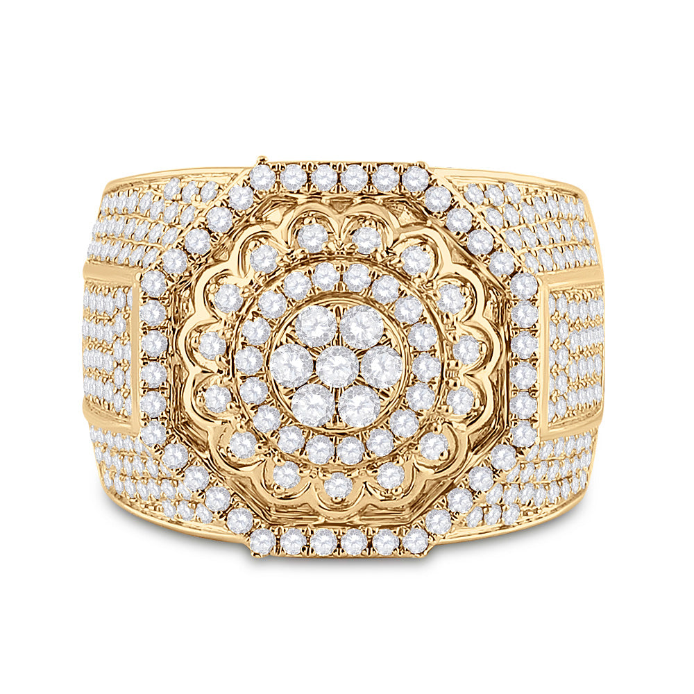 14K Yellow Gold Mens Round Diamond Octagon Statement Cluster Ring 3-1/2 Cttw, Mens Size: 7-13