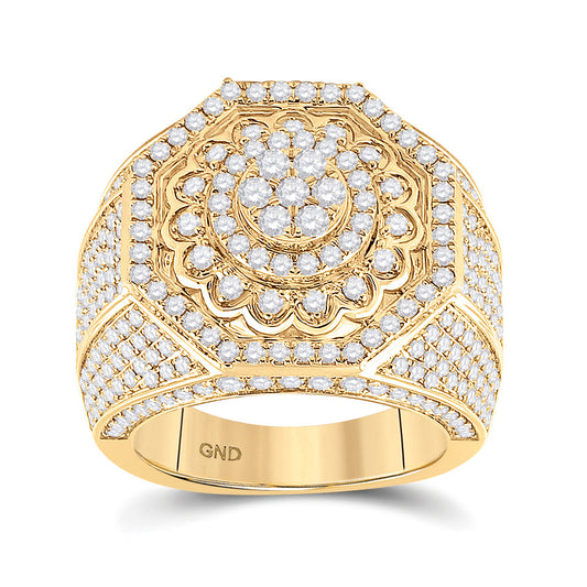 14K Yellow Gold Mens Round Diamond Octagon Statement Cluster Ring 3-1/2 Cttw, Mens Size: 7-13