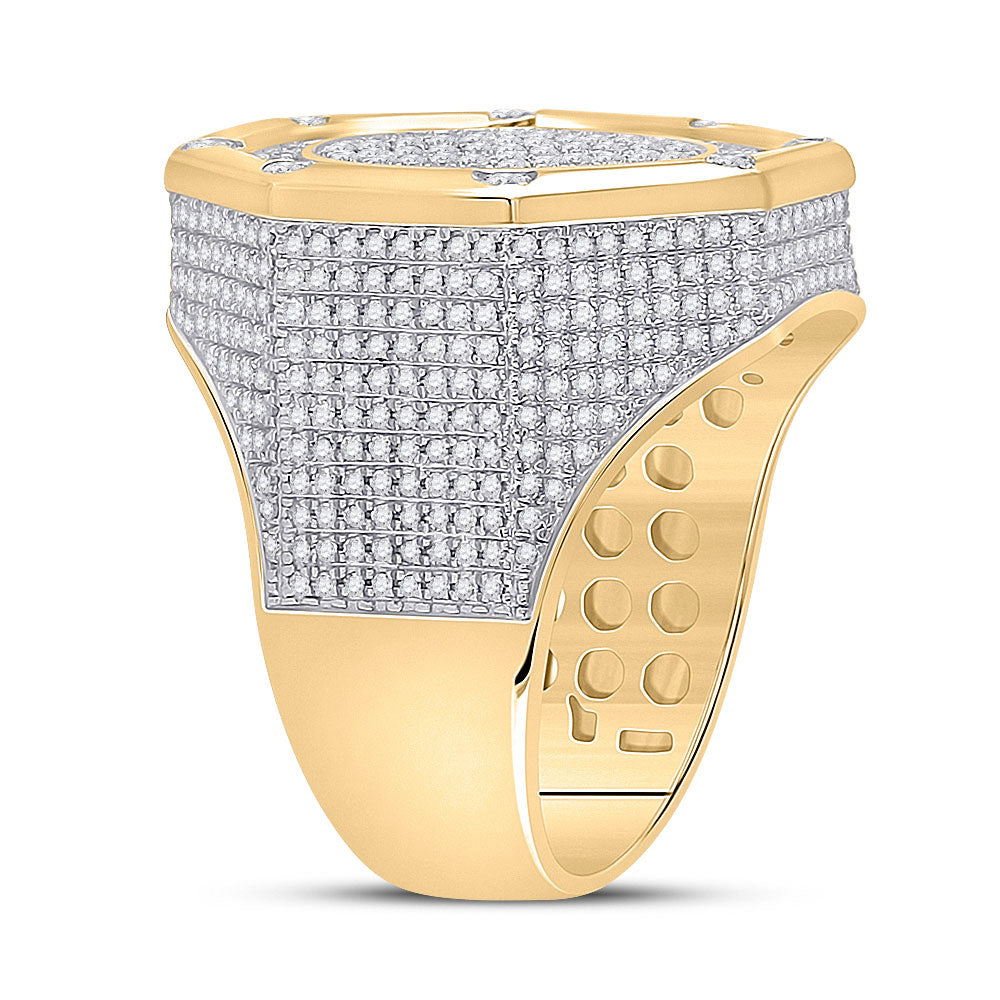 14K Yellow Gold Mens Round Diamond Octagon Cluster Ring 2-3/4 Cttw, Mens Size: 7-13