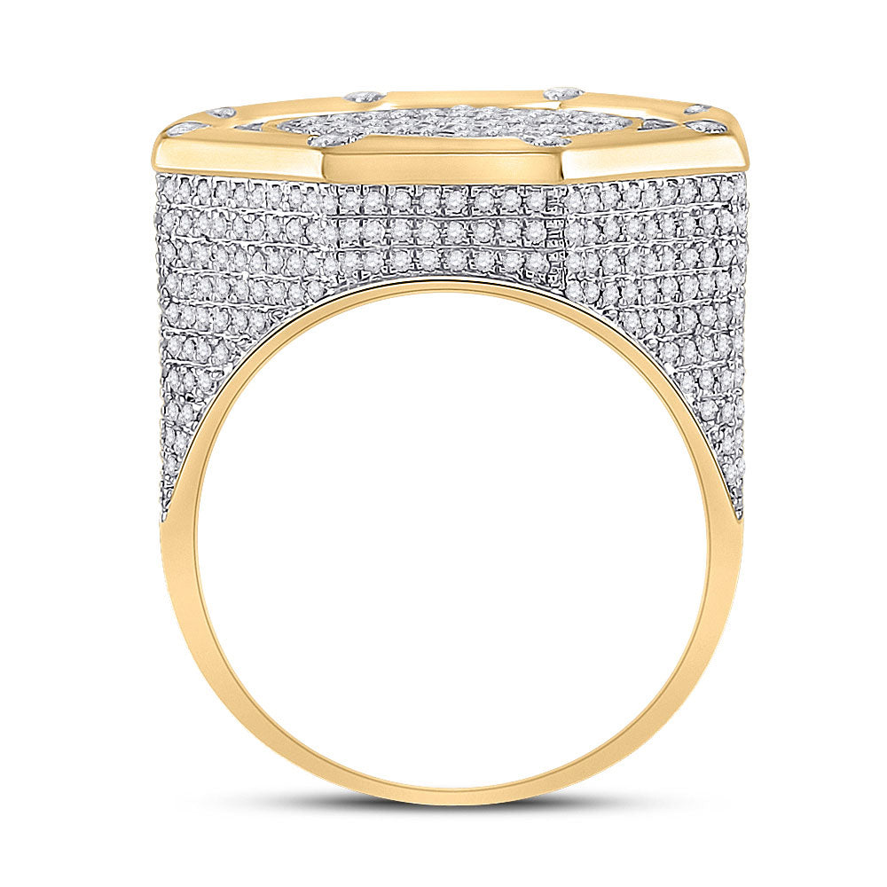 14K Yellow Gold Mens Round Diamond Octagon Cluster Ring 2-3/4 Cttw, Mens Size: 7-13