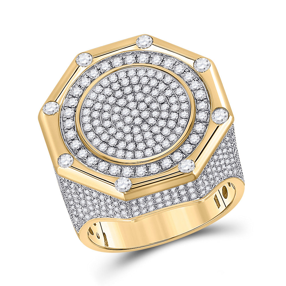 14K Yellow Gold Mens Round Diamond Octagon Cluster Ring 2-3/4 Cttw, Mens Size: 7-13