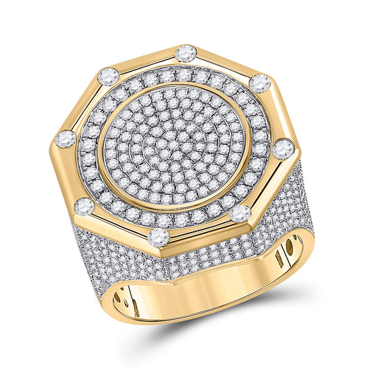 14K Yellow Gold Mens Round Diamond Octagon Cluster Ring 2-3/4 Cttw, Mens Size: 7-13