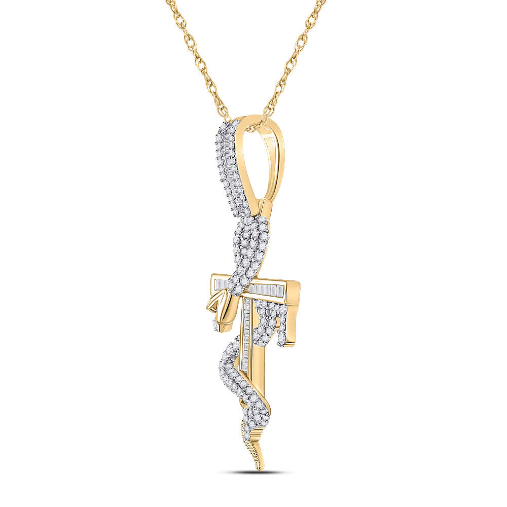10K Yellow Gold Mens Baguette Diamond Snake Ankh Cross Charm Pendant 1-1/5 Cttw