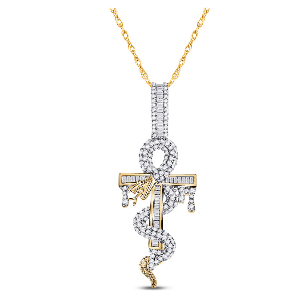 10K Yellow Gold Mens Baguette Diamond Snake Ankh Cross Charm Pendant 1-1/5 Cttw