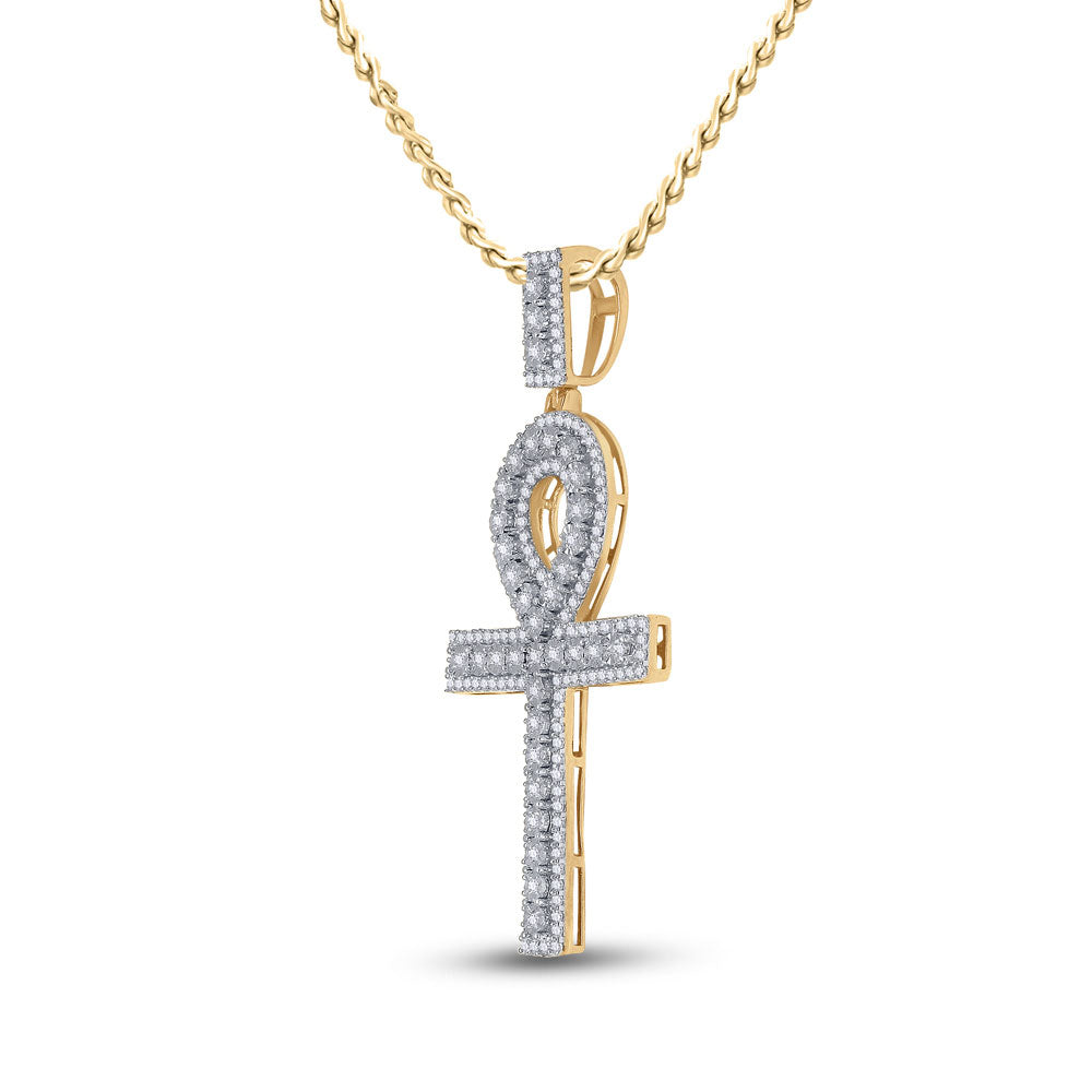 10K Yellow Gold Mens Round Diamond Ankh Cross Charm Pendant 1 Cttw