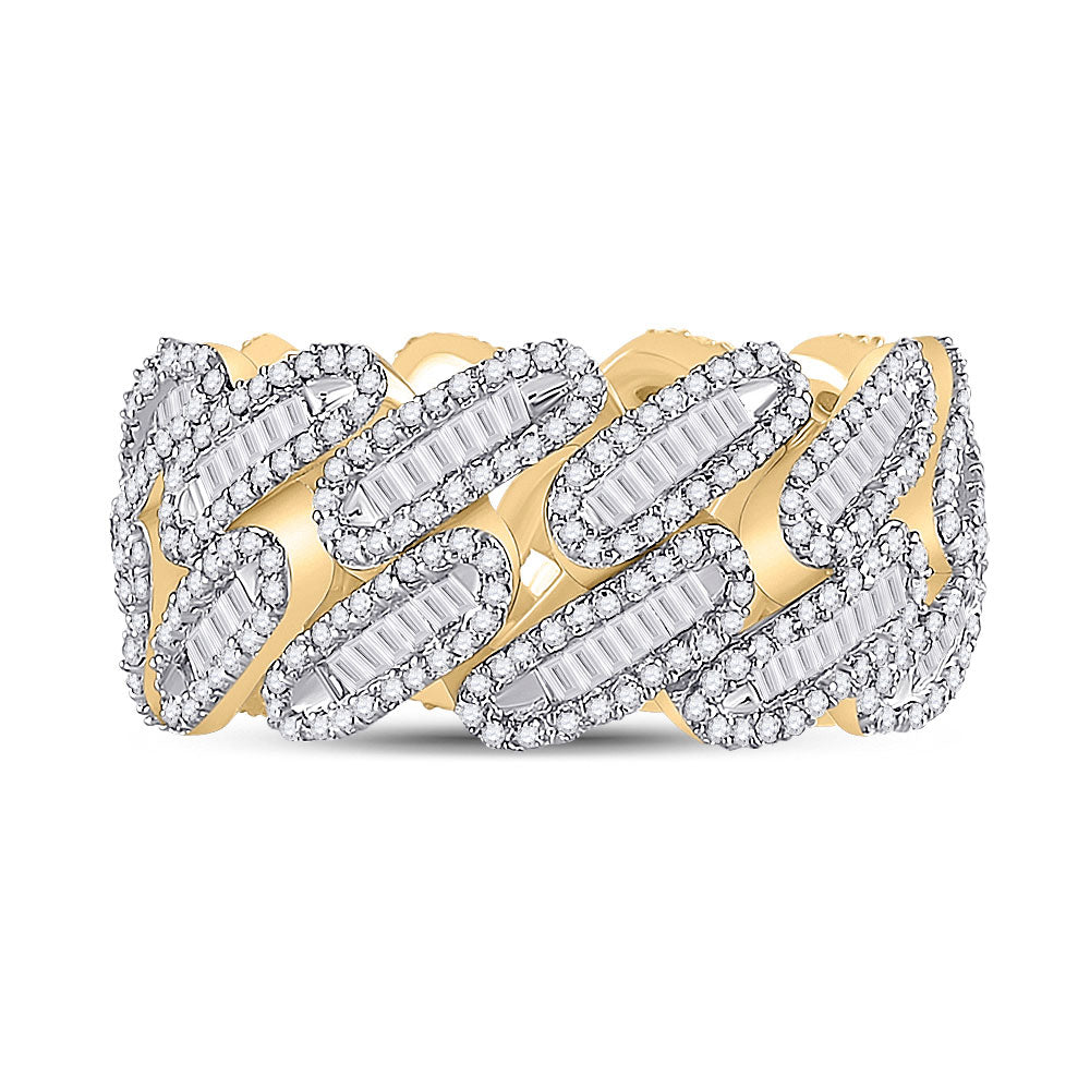 10K Yellow Gold Mens Baguette Diamond Cuban Link Band Ring 2-1/3 Cttw, Mens Size: 7-13