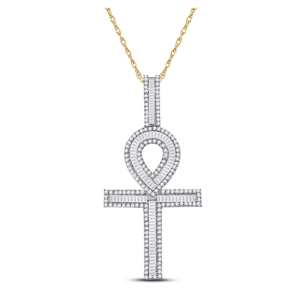 10K Yellow Gold Mens Baguette Diamond Ankh Cross Charm Pendant 1-5/8 Cttw, Length: 2.04 In, Width: 0.96 In