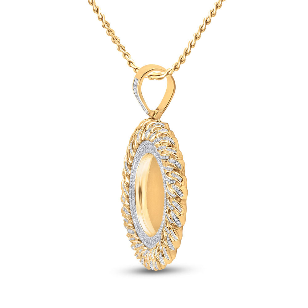 14K Yellow Gold Mens Round Diamond Cuban Link Circle Picture Memory Pendant 3-1/4 Cttw