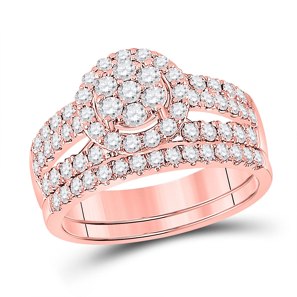 14K Rose Gold His Hers Round Diamond Cluster Matching Wedding Set 1-3/4 Cttw, Womens Size: 5-10, Mens Size: 7-13