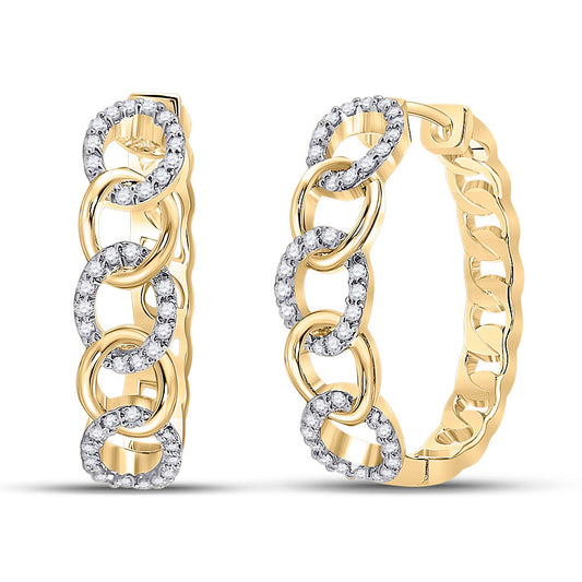 10K Yellow Gold Womens Round Diamond Cuban Curb Link Hoop Earrings 1/5 Cttw