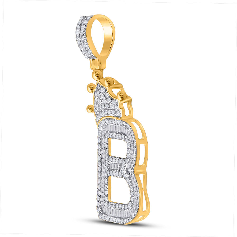 10K Yellow Gold Mens Baguette Diamond Crown Letter Charm Pendant