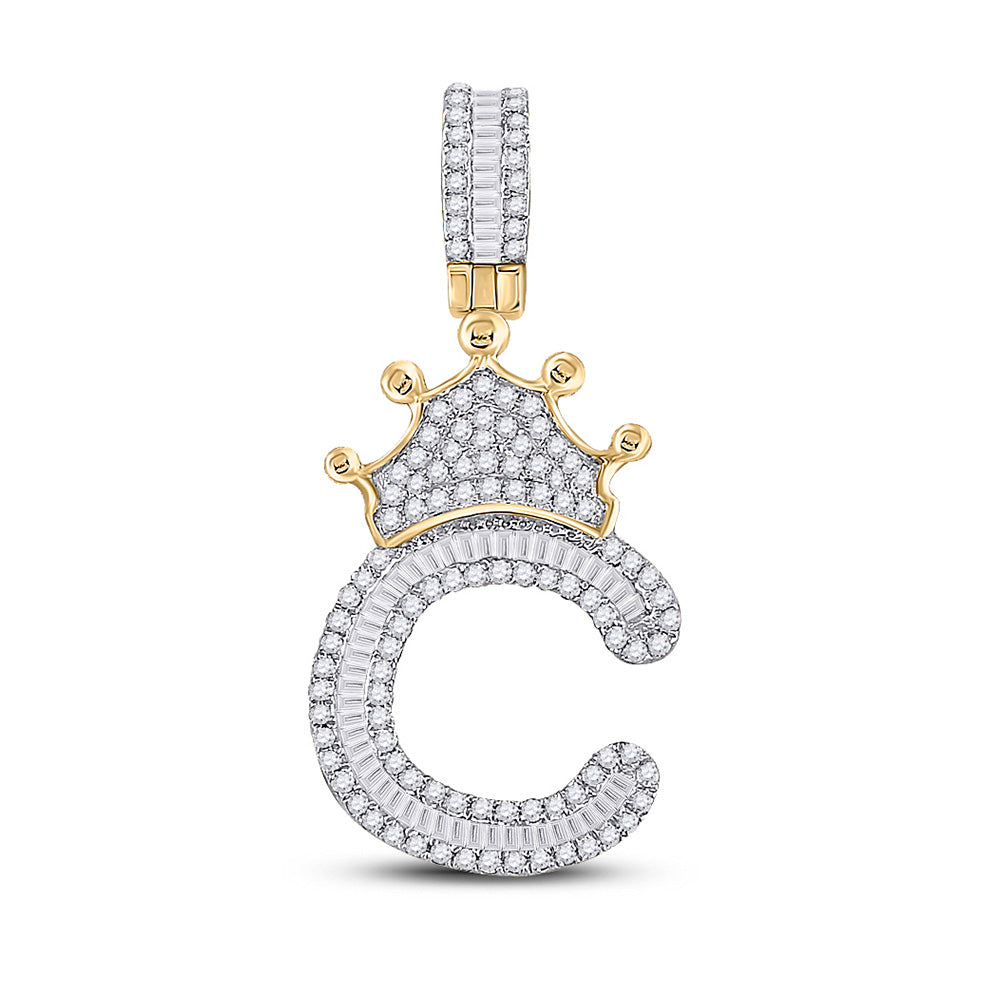 10K Yellow Gold Mens Baguette Diamond Crown Letter Charm Pendant