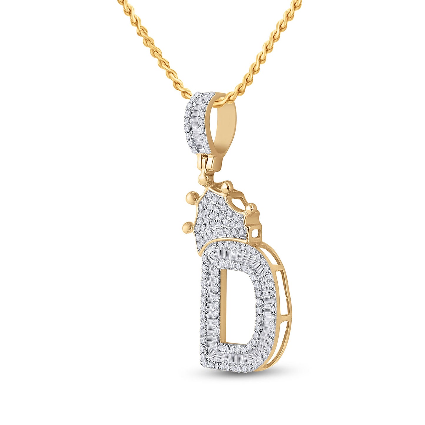 10K Yellow Gold Mens Baguette Diamond Crown Letter Charm Pendant