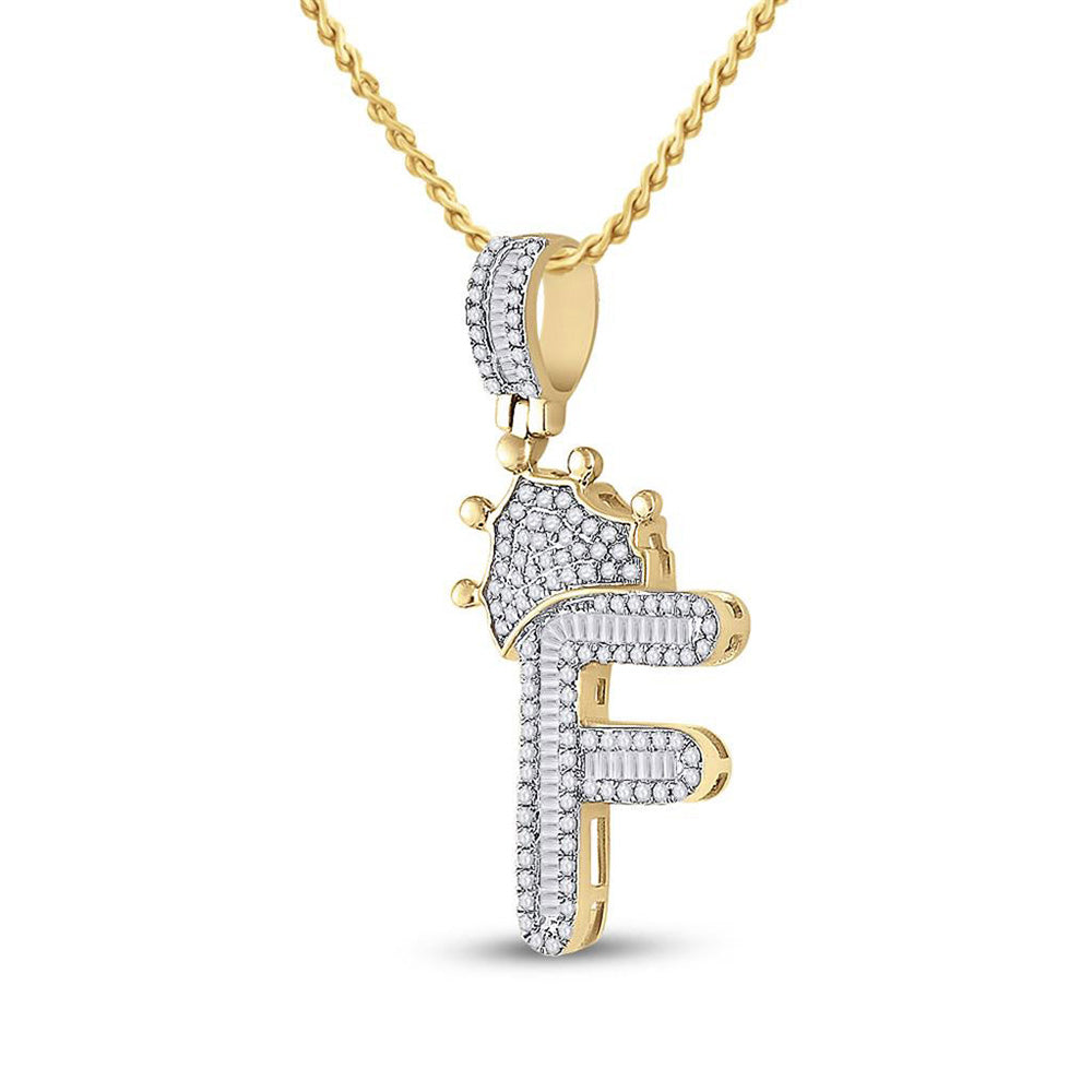 10K Yellow Gold Mens Baguette Diamond Crown Letter Charm Pendant