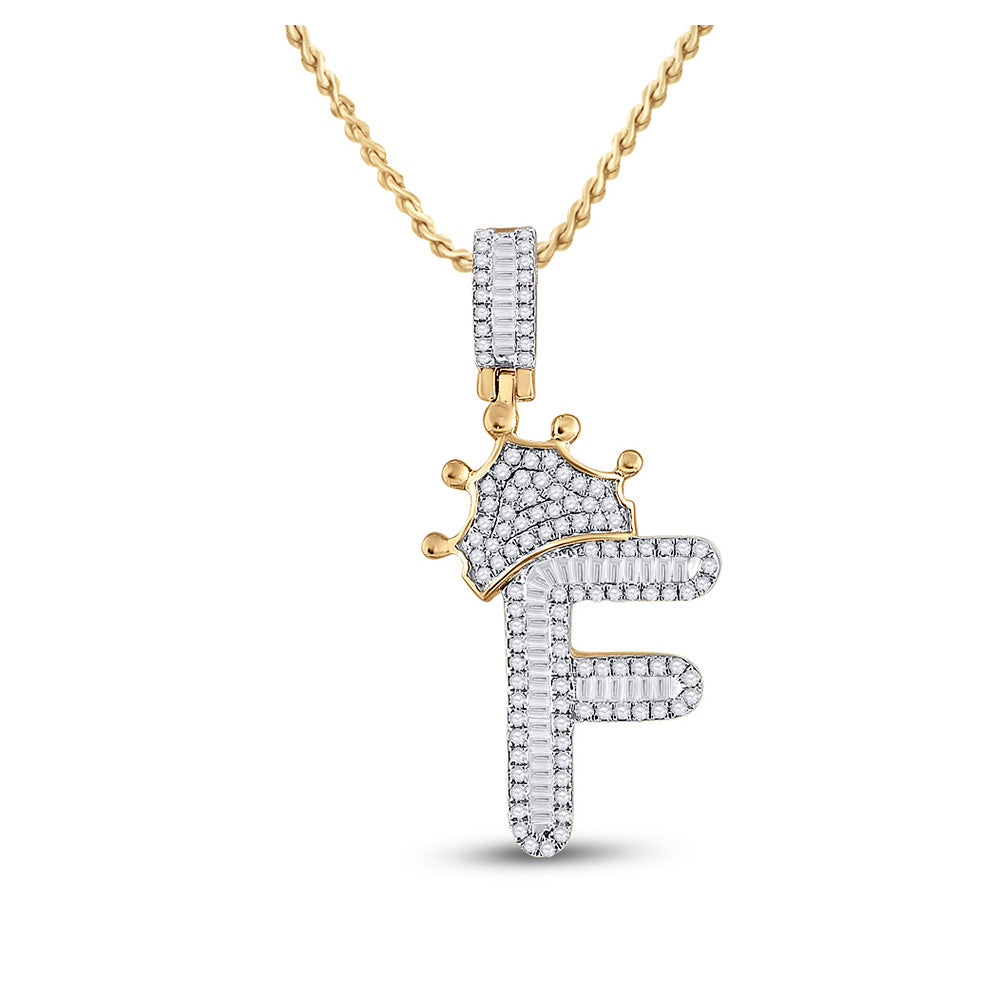 10K Yellow Gold Mens Baguette Diamond Crown Letter Charm Pendant