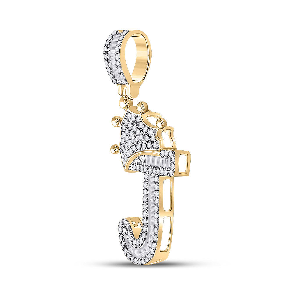 10K Yellow Gold Mens Baguette Diamond Crown Letter Charm Pendant