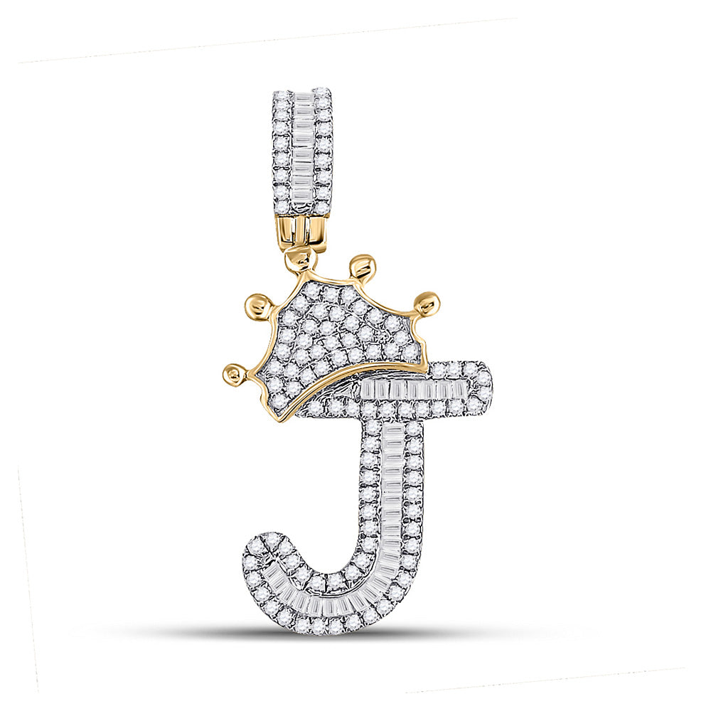 10K Yellow Gold Mens Baguette Diamond Crown Letter Charm Pendant