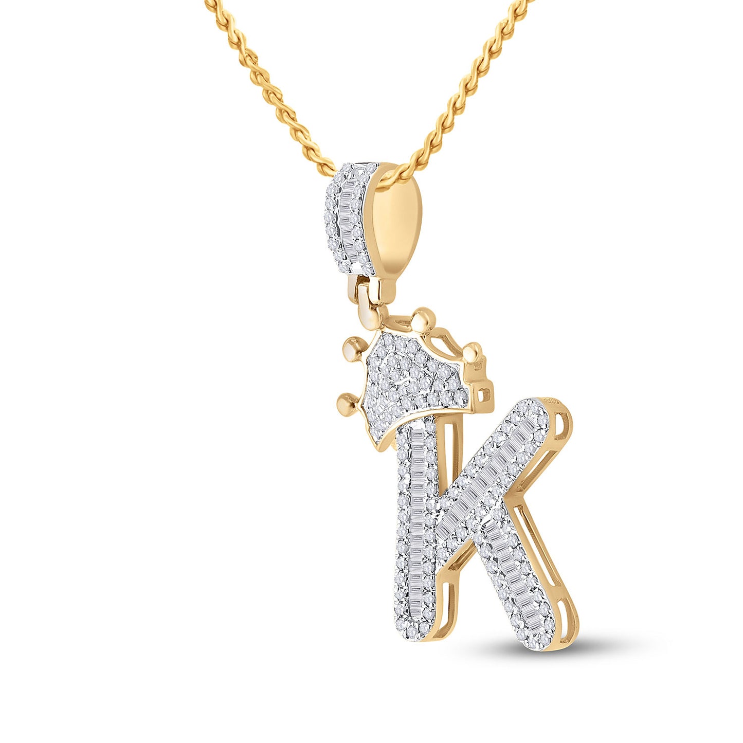 10K Yellow Gold Mens Baguette Diamond Crown Letter Charm Pendant