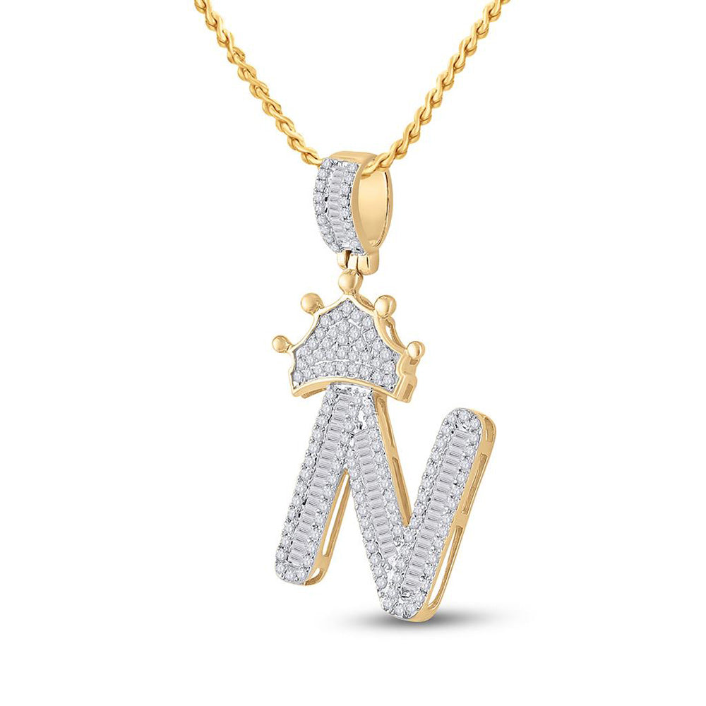 10K Yellow Gold Mens Baguette Diamond Crown Letter Charm Pendant