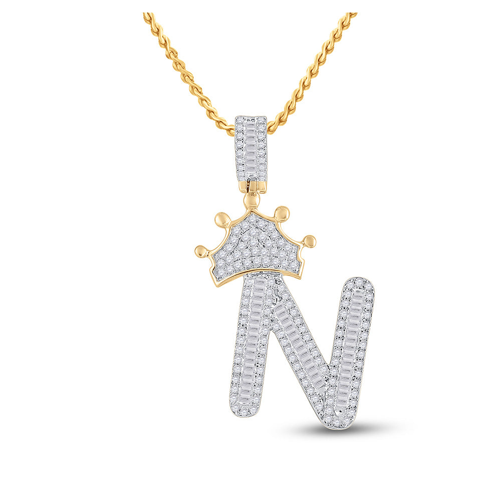 10K Yellow Gold Mens Baguette Diamond Crown Letter Charm Pendant