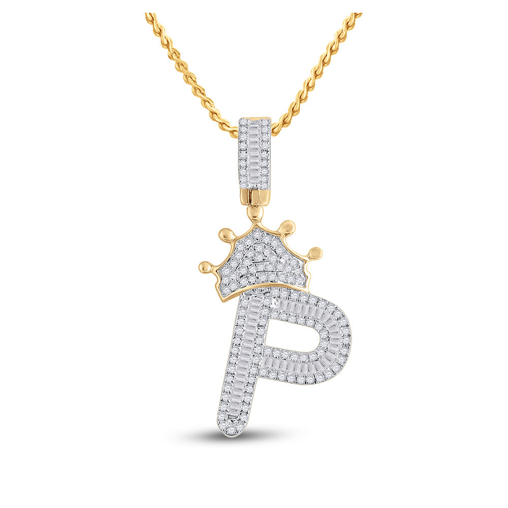 10K Yellow Gold Mens Baguette Diamond Crown Letter Charm Pendant