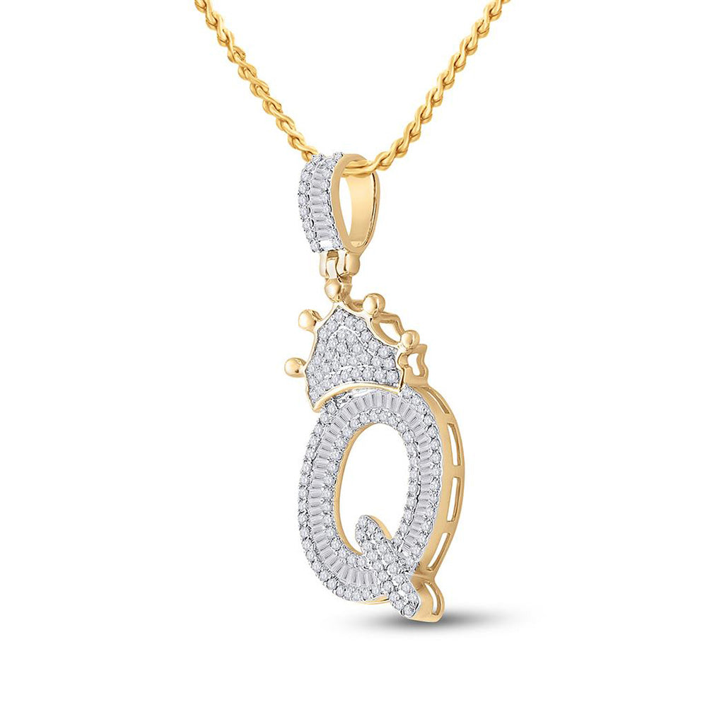 10K Yellow Gold Mens Baguette Diamond Crown Letter Charm Pendant
