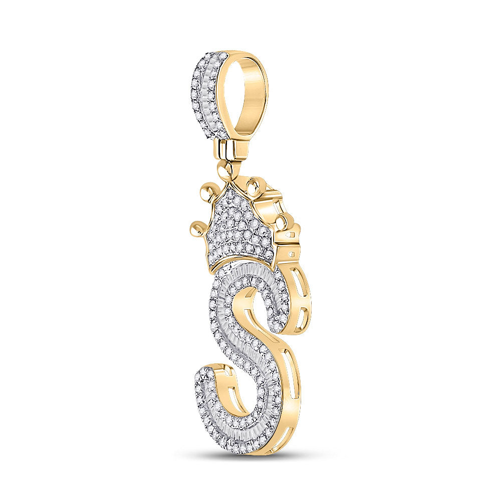 10K Yellow Gold Mens Baguette Diamond Crown Letter Charm Pendant