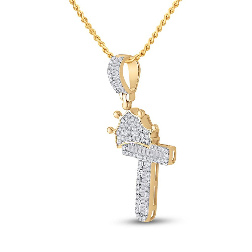 10K Yellow Gold Mens Baguette Diamond Crown Letter Charm Pendant