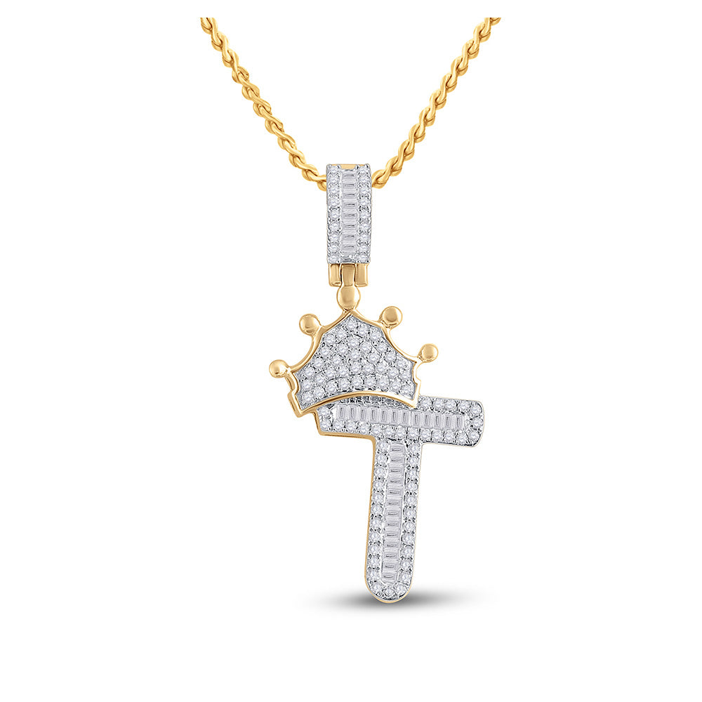 10K Yellow Gold Mens Baguette Diamond Crown Letter Charm Pendant