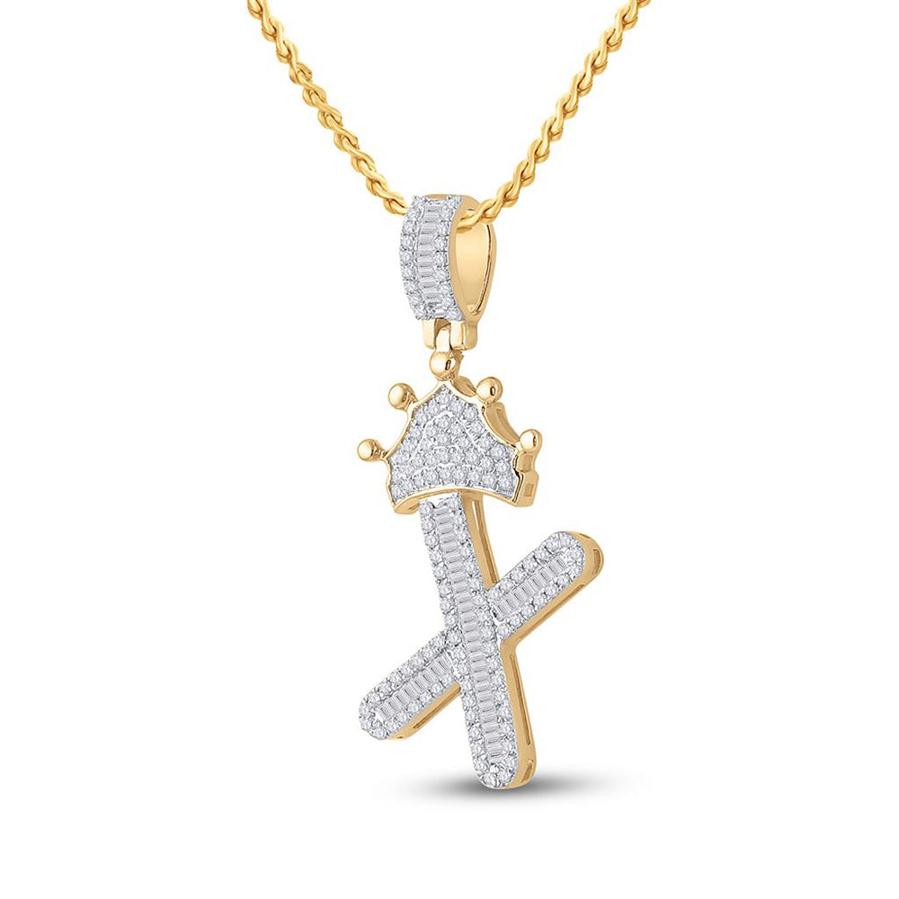 10K Yellow Gold Mens Baguette Diamond Crown Letter Charm Pendant