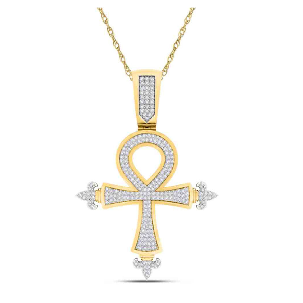 10K Yellow Gold Mens Round Diamond Ankh Cross Charm Pendant 1/2 Cttw