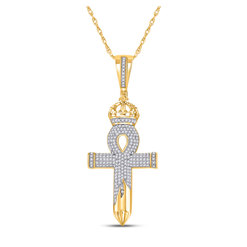 10K Yellow Gold Mens Round Diamond Ankh Nail Cross Charm Pendant 1/2 Cttw