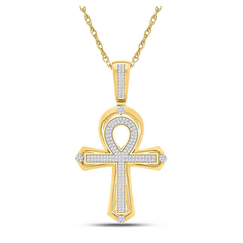 10K Yellow Gold Mens Round Diamond Ankh Cross Charm Pendant 3/8 Cttw