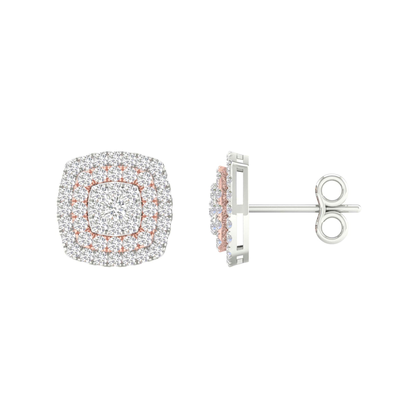 14K Two-tone Gold Womens Round Diamond Square Cluster Earrings 1 Cttw