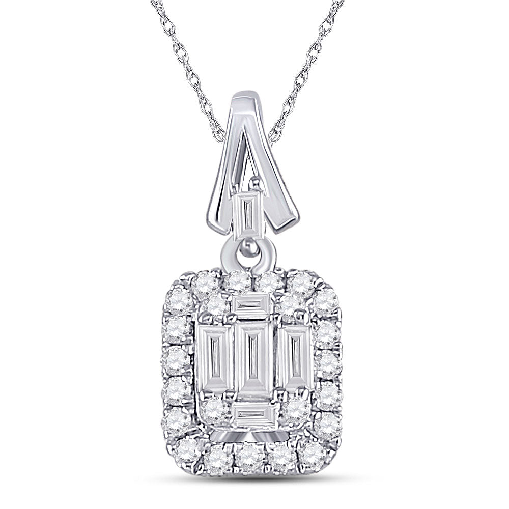14K White Gold Womens Baguette Diamond Square Cluster Pendant 1/4 Cttw