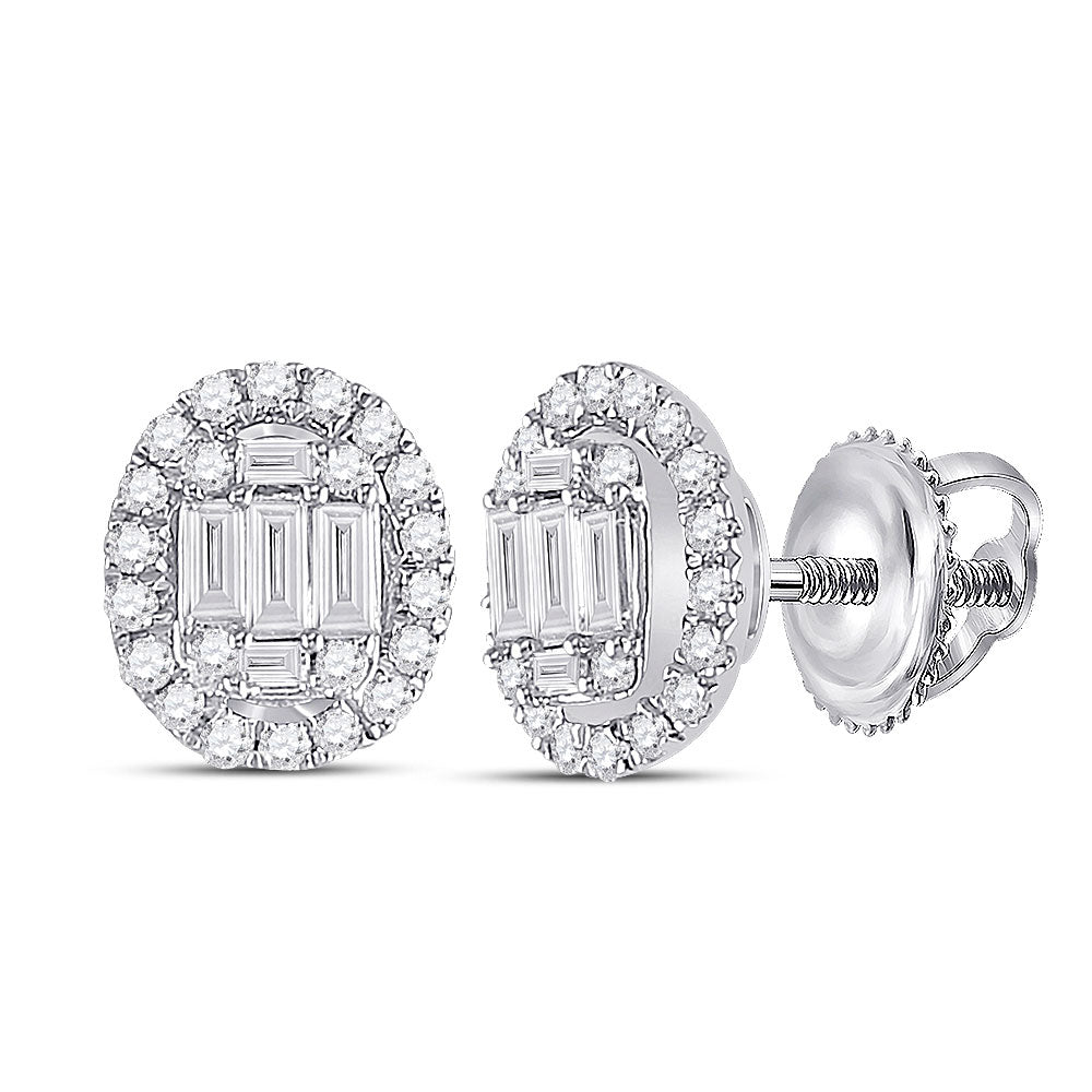 14K White Gold Womens Baguette Diamond Oval Earrings 3/8 Cttw, Length: 0.27 In, Width: 0.17 In