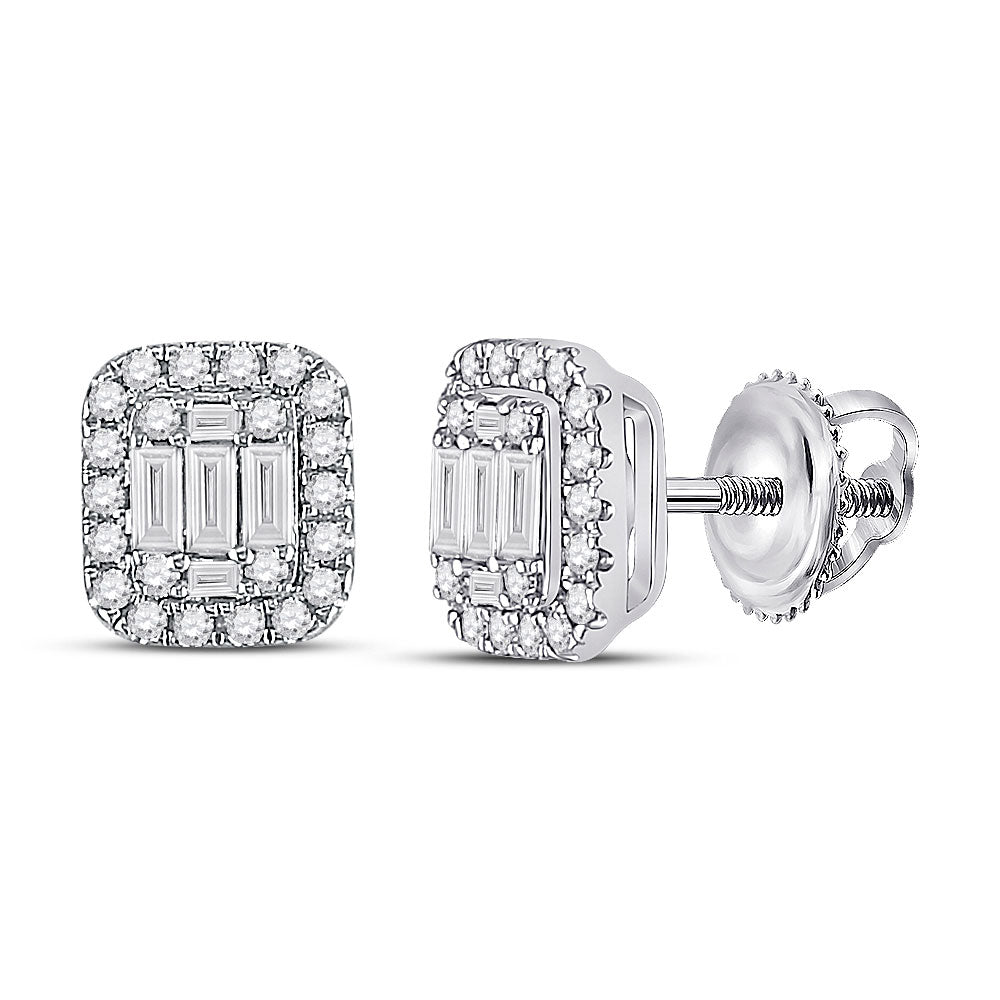 14K White Gold Womens Baguette Diamond Cluster Earrings 7/8 Cttw