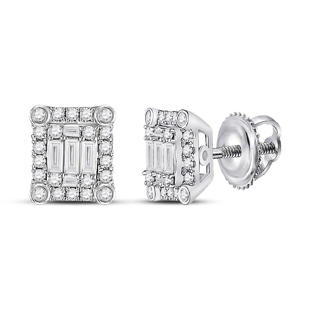 14K White Gold Womens Baguette Diamond Square Cluster Earrings 3/8 Cttw