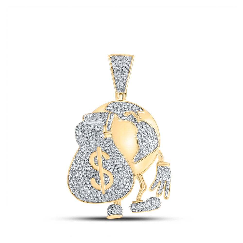 10K Yellow Gold Mens Round Diamond Globe Money Earth Charm Pendant 1-1/2 Cttw